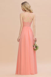 Sexy Spaghetti-Straps Coral Lace Bridesmaid Dresses with Slit-27dress